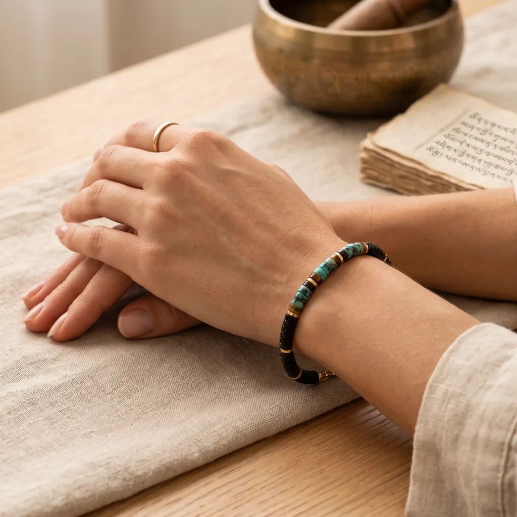 tibetan-inspired-gemstone-bracelet-singing-bowl-wrist Hands resting on linen wearing a turquoise, tiger eye and onyx bracelet beside a brass Tibetan singing bowl and manuscript