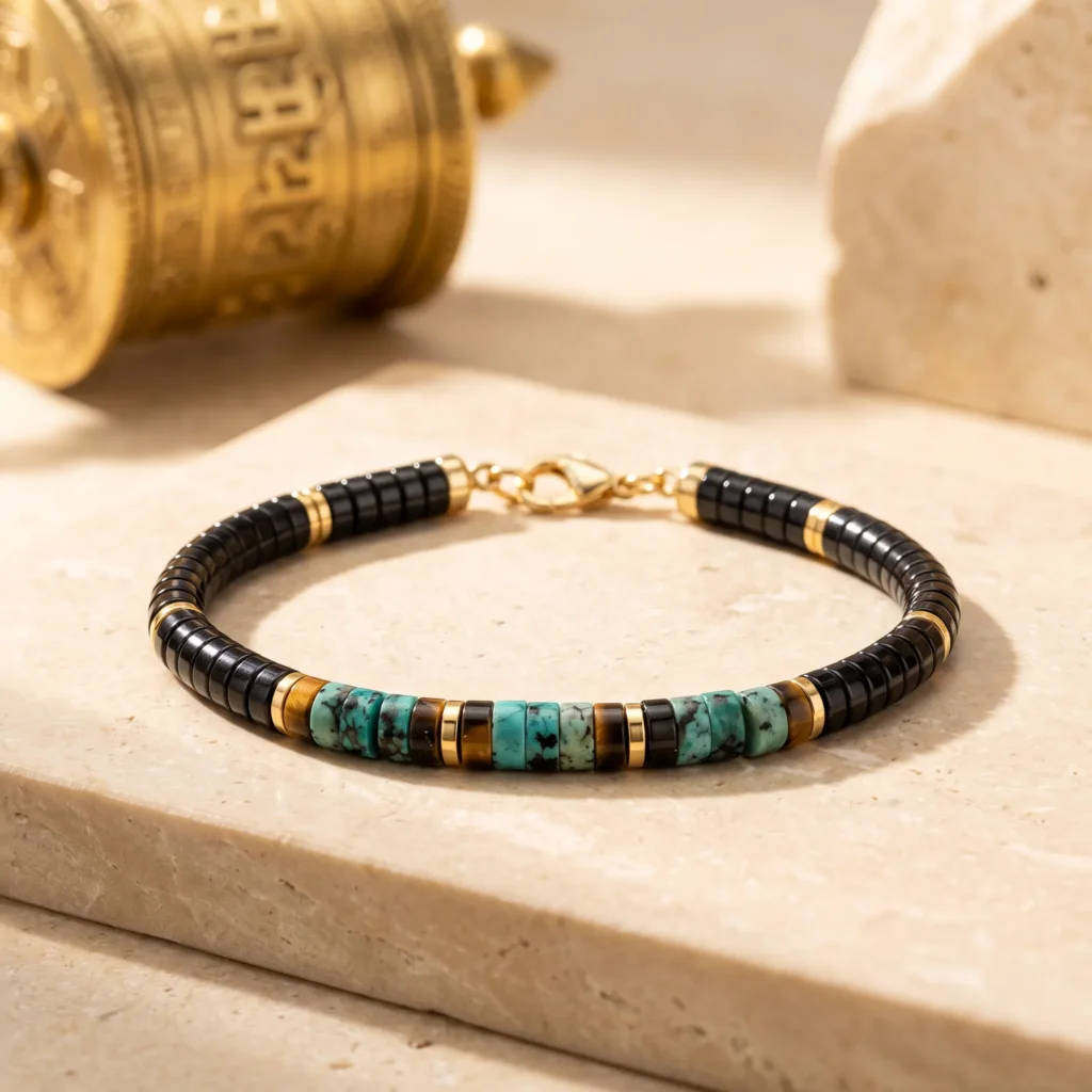 tibetan-inspired-turquoise-tiger-eye-bracelet-prayer-wheel Slim gold-tone gemstone bracelet with heishi-style disc beads on a stone slab beside a brass Tibetan prayer wheel