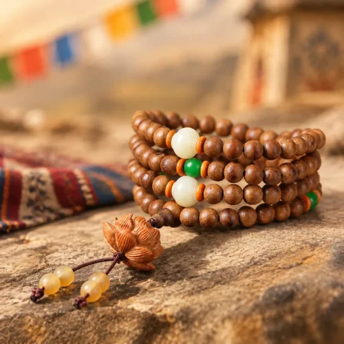 Wrapped lotus peach wood mala bracelet with orange spacers and green bead on stone beside Tibetan prayer flags
