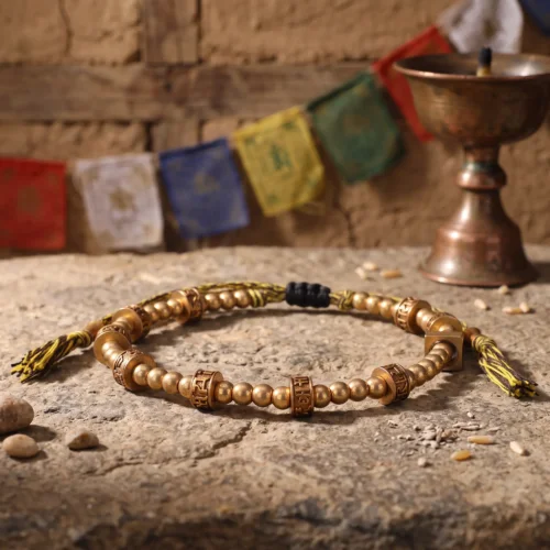 Gelang mantra Tibet berwarna emas dengan tali rumbai kuning di atas batu di samping bendera doa dan lampu mentega tembaga.