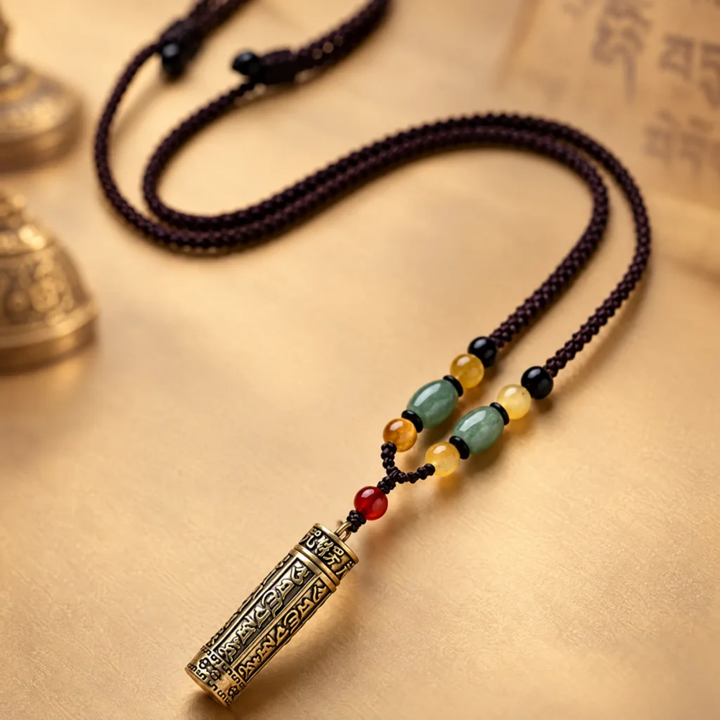 Tibetan mantra necklace with engraved copper cylinder pendant on braided cord, laid flat on golden parchment