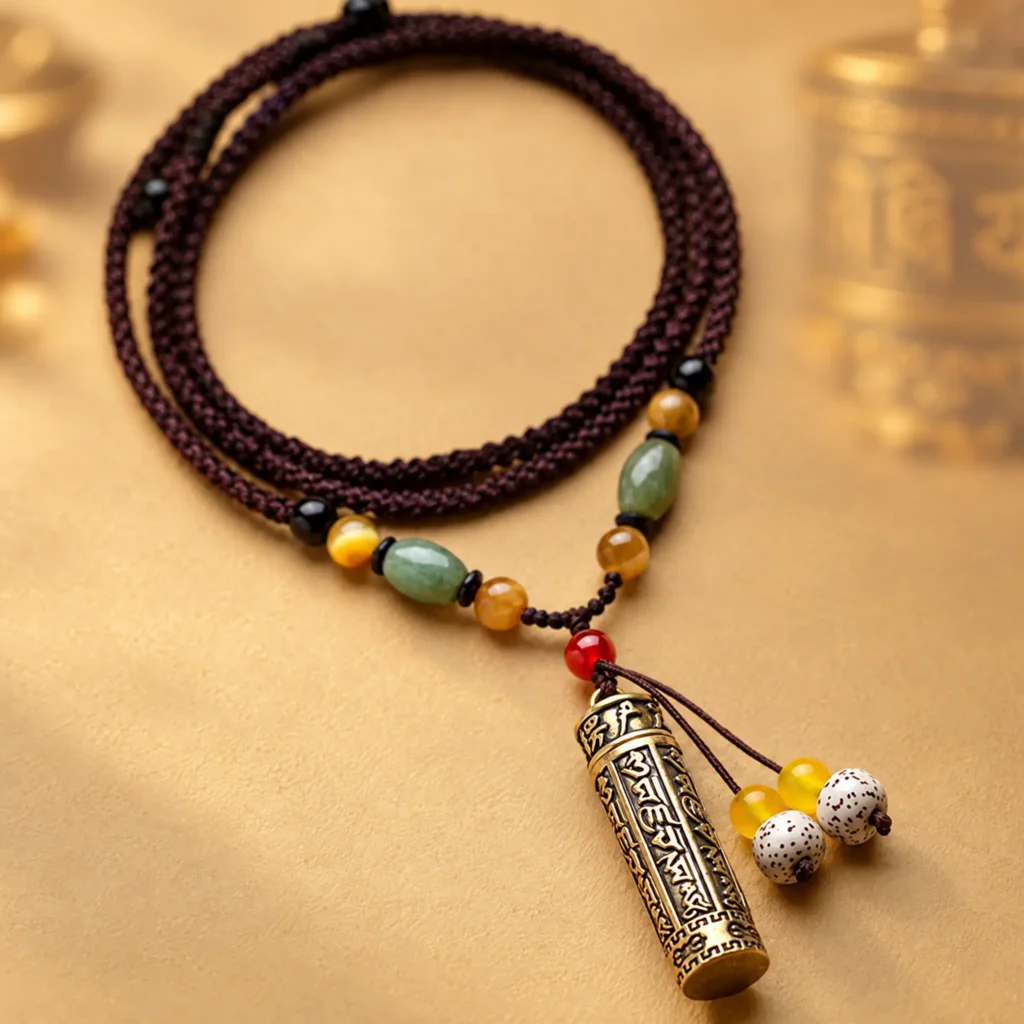Tibetan mantra necklace coiled in loops with jade, tiger eye and red agate beads and a bodhi seed tassel