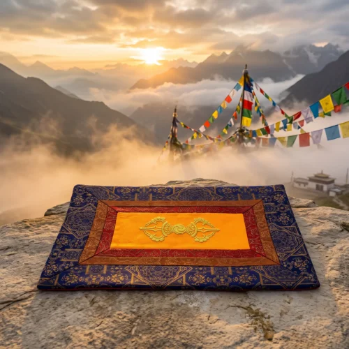 Tikar altar doa vajra Tibet suci dengan sulaman vajra ganda emas diletakkan di atas batu gunung saat matahari terbit, dikelilingi bendera doa dan puncak Himalaya yang berkabut untuk penyembuhan spiritual dan praktik meditasi.