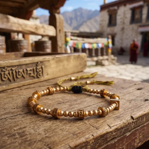Gelang doa Tibet yang dapat disesuaikan dengan manik-manik mantra pada kayu tua di samping ukiran tulisan Om dan roda doa.