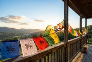 Losar altar at home with seven water bowls, chemar bo, and khapse tower set up for the Tibetan New Year 2027