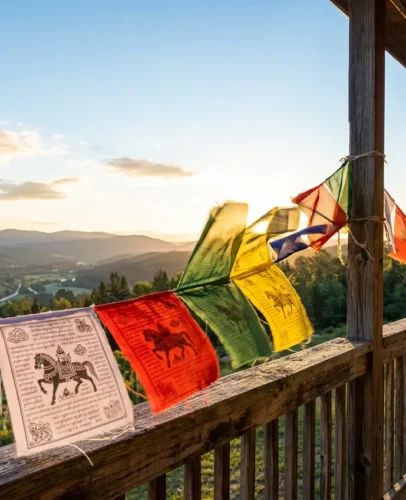 tibetan-prayer-flags-five-color-order Losar altar at home with seven water bowls, chemar bo, and khapse tower set up for the Tibetan New Year 2027