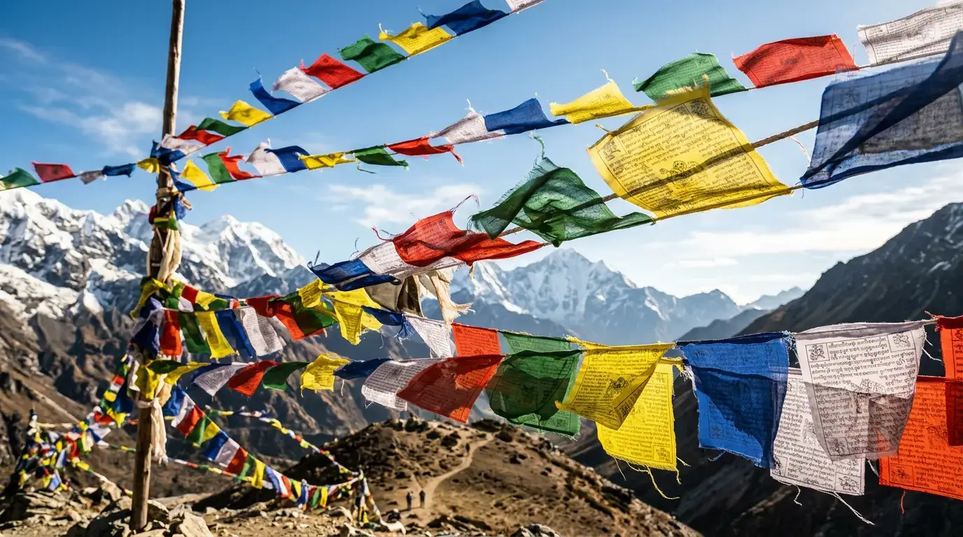 Colorful five-color Tibetan prayer flags strung across a mountain pass with snow peaks in the background, honoring local mountain gods
