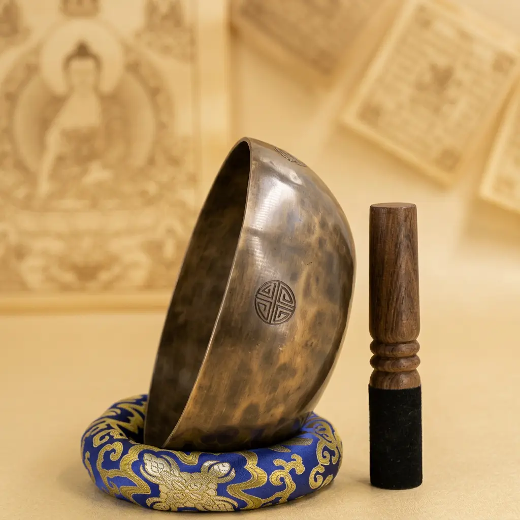 tibetan-singing-bowl-blue-brocade-cushion-wooden-mallet Hand-hammered Tibetan singing bowl tilted on a blue and gold brocade cushion beside a wooden mallet with black suede tip