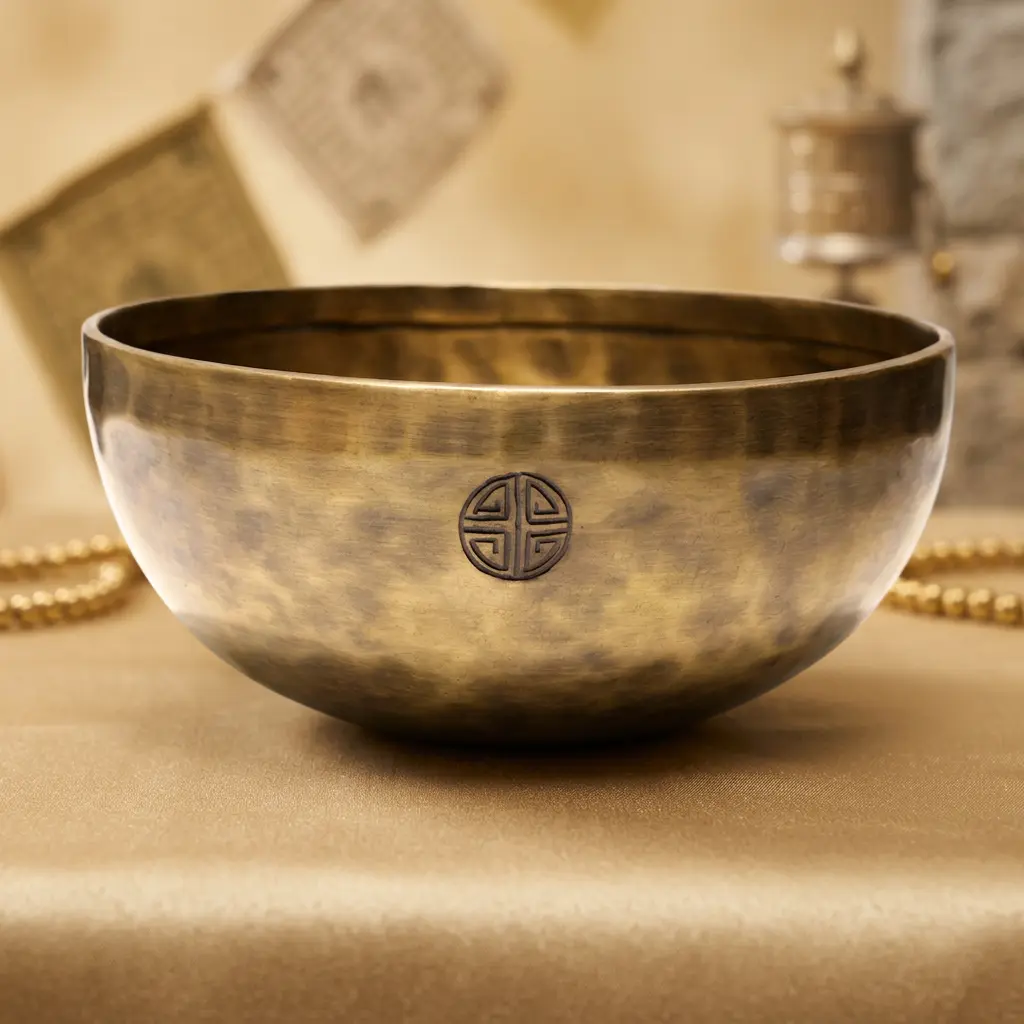 tibetan-singing-bowl-front-view-prayer-flags-mala-beads Front view of a handmade Tibetan singing bowl with engraved longevity symbol, surrounded by prayer flags and gold mala beads
