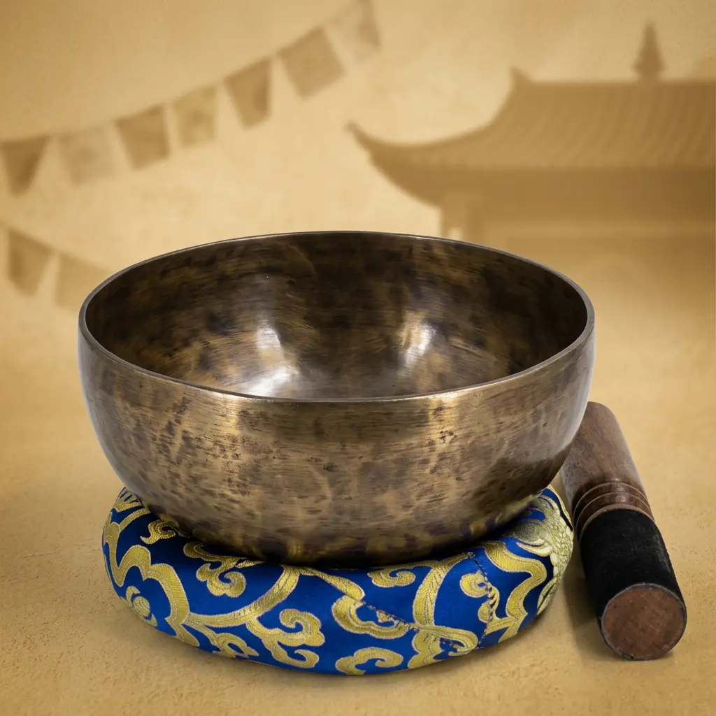 tibetan-singing-bowl-inner-surface-blue-gold-cushion Top-angle view of a handcrafted bronze-toned Tibetan singing bowl on a blue and gold cushion with wooden mallet and prayer flags behind