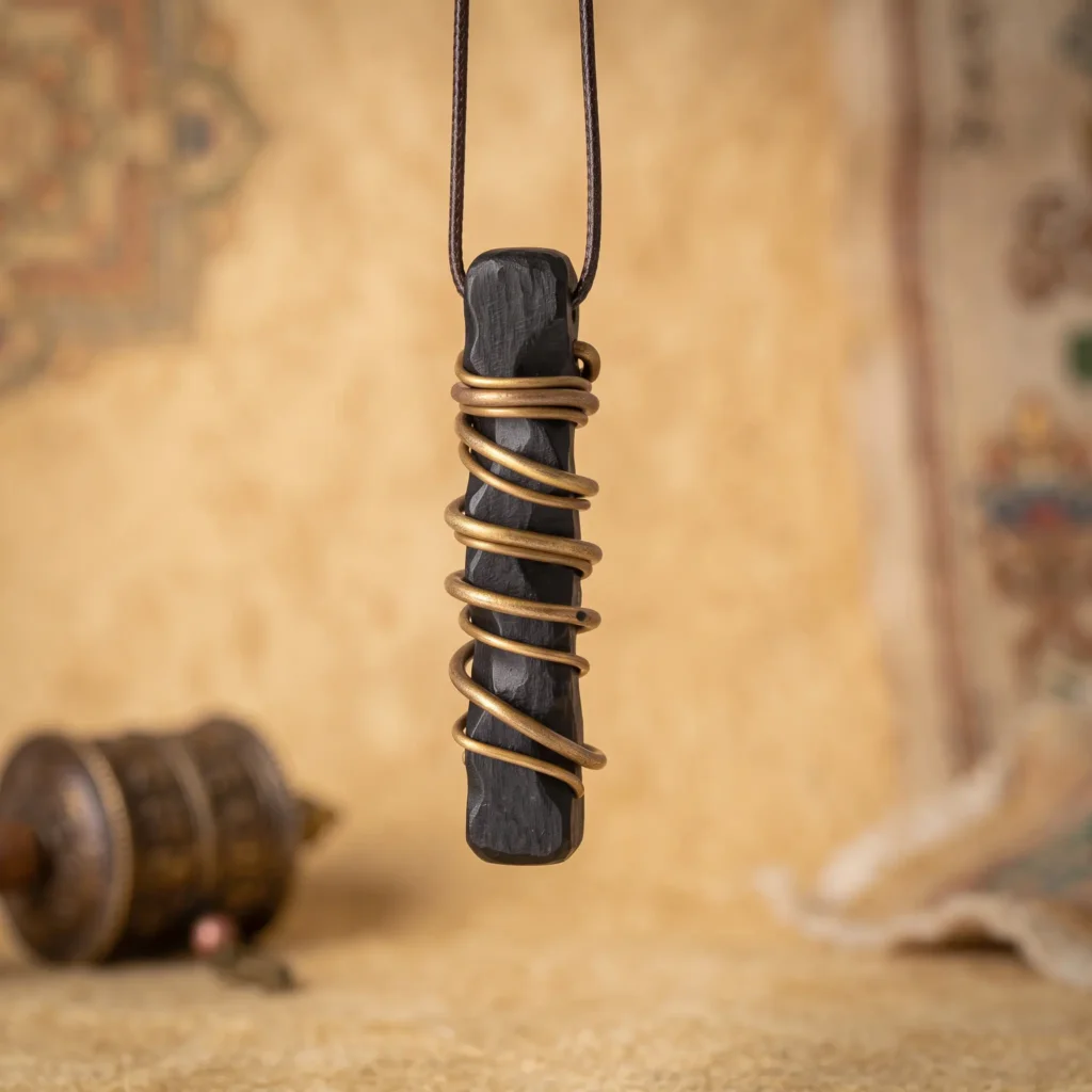 Front view of a Tibetan-inspired ebony wood necklace pendant with brass wire wrap, hanging on a brown cord
