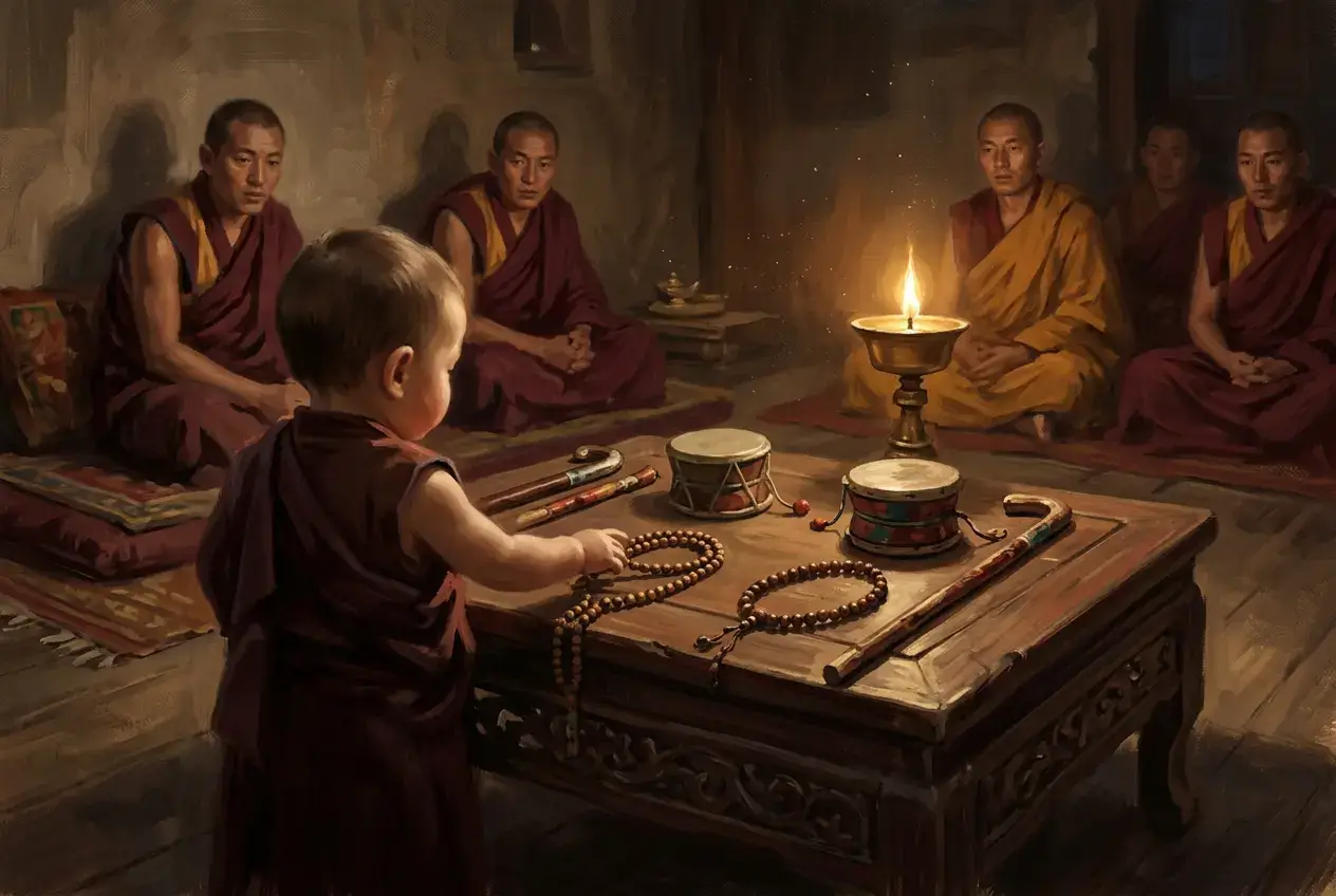 Illustration of the traditional tulku object test: a young child reaching for a mala among identical-looking replicas on a table