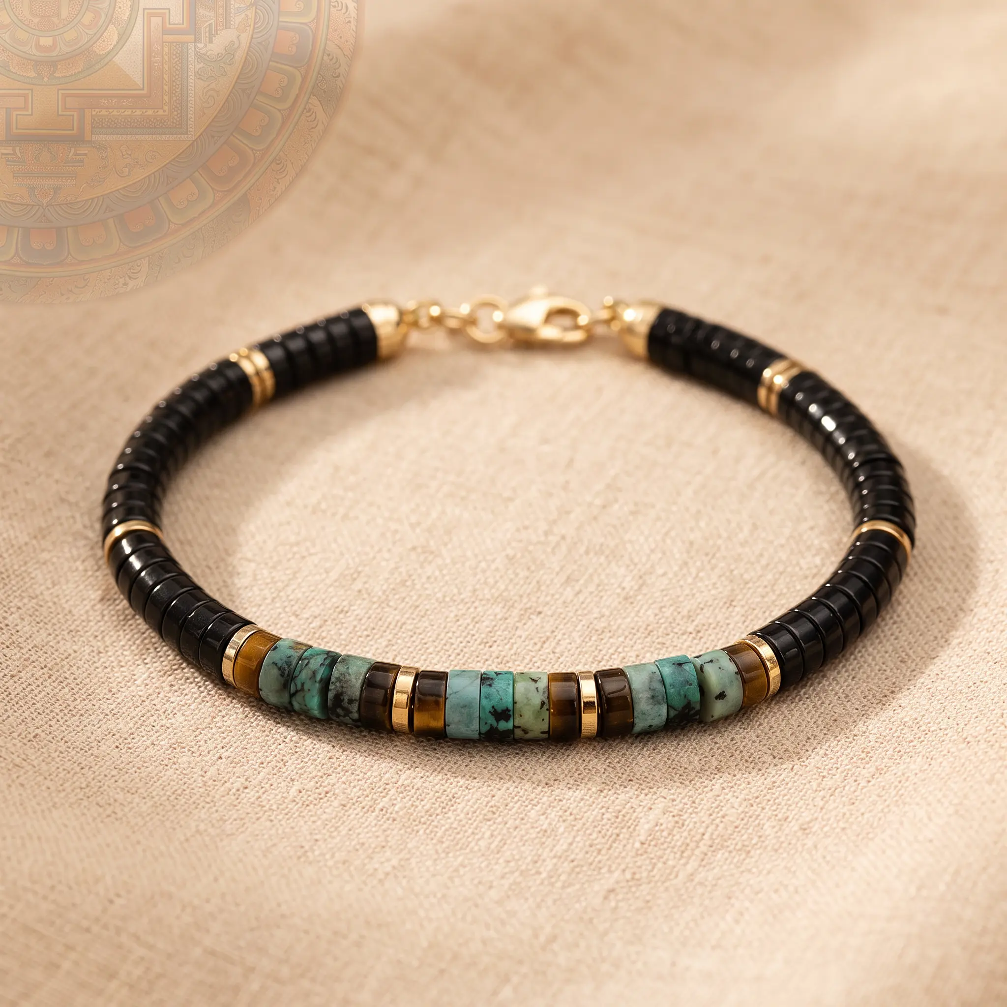 turquoise-tiger-eye-onyx-hematite-bracelet-linen-mandala Turquoise, tiger eye, black onyx and hematite bracelet with gold-tone spacers on natural linen beside a faded Tibetan mandala