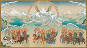 Illustration de style thangka représentant les douze déesses Tenma du Tibet, réparties en trois groupes de quatre, chacune chevauchant une monture différente.