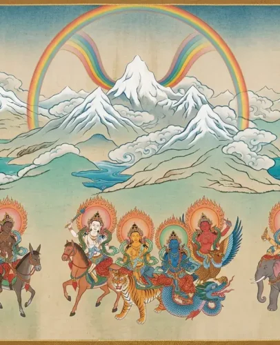 Thangka-style illustration of the twelve Tenma goddesses of Tibet in three groups of four, each riding a different mount