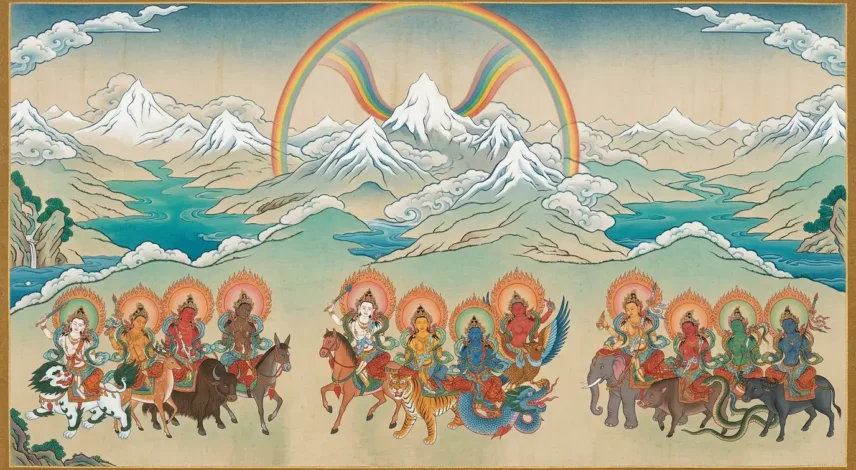 twelve-tenma-goddesses-tibet-guardian-protectors Thangka-style illustration of the twelve Tenma goddesses of Tibet in three groups of four, each riding a different mount