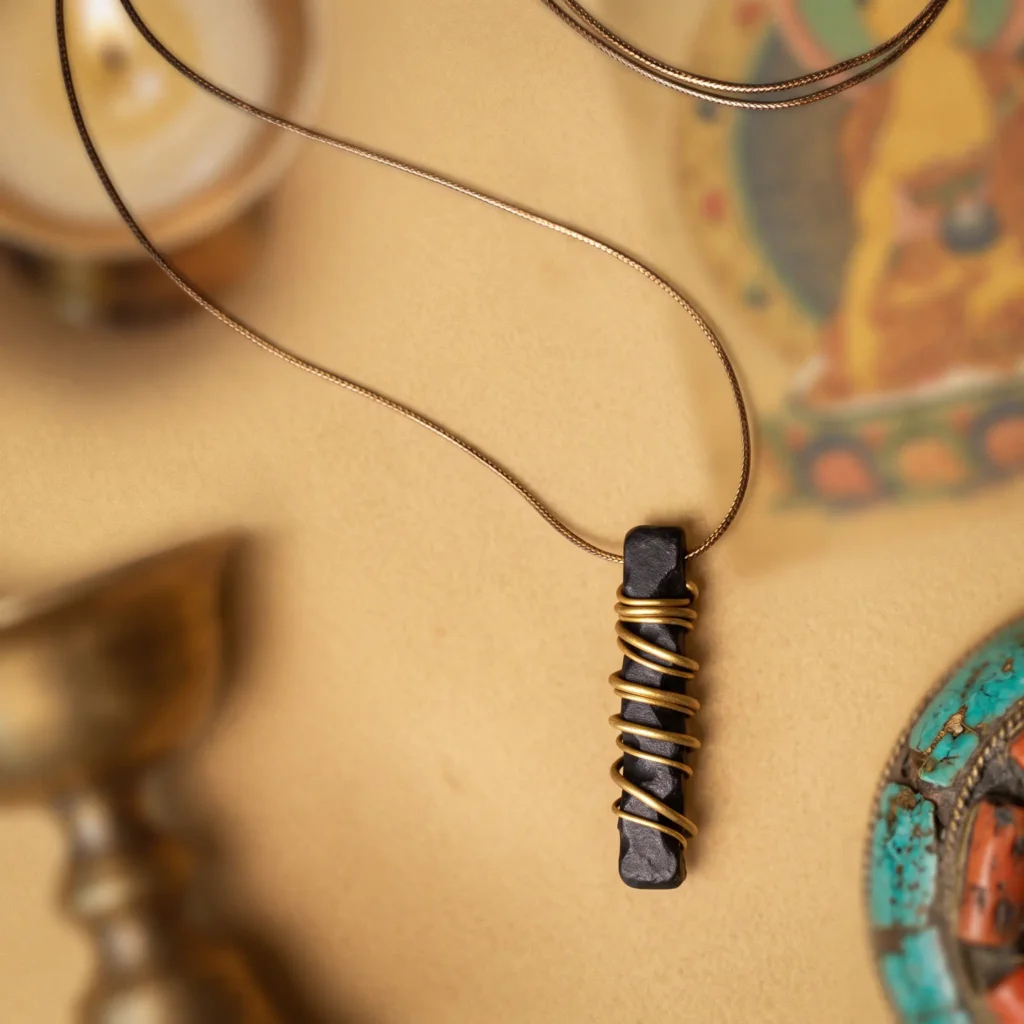 Unisex ebony wood and brass pendant necklace on a thin cord, with a Tibetan thangka and turquoise-coral ornament behind