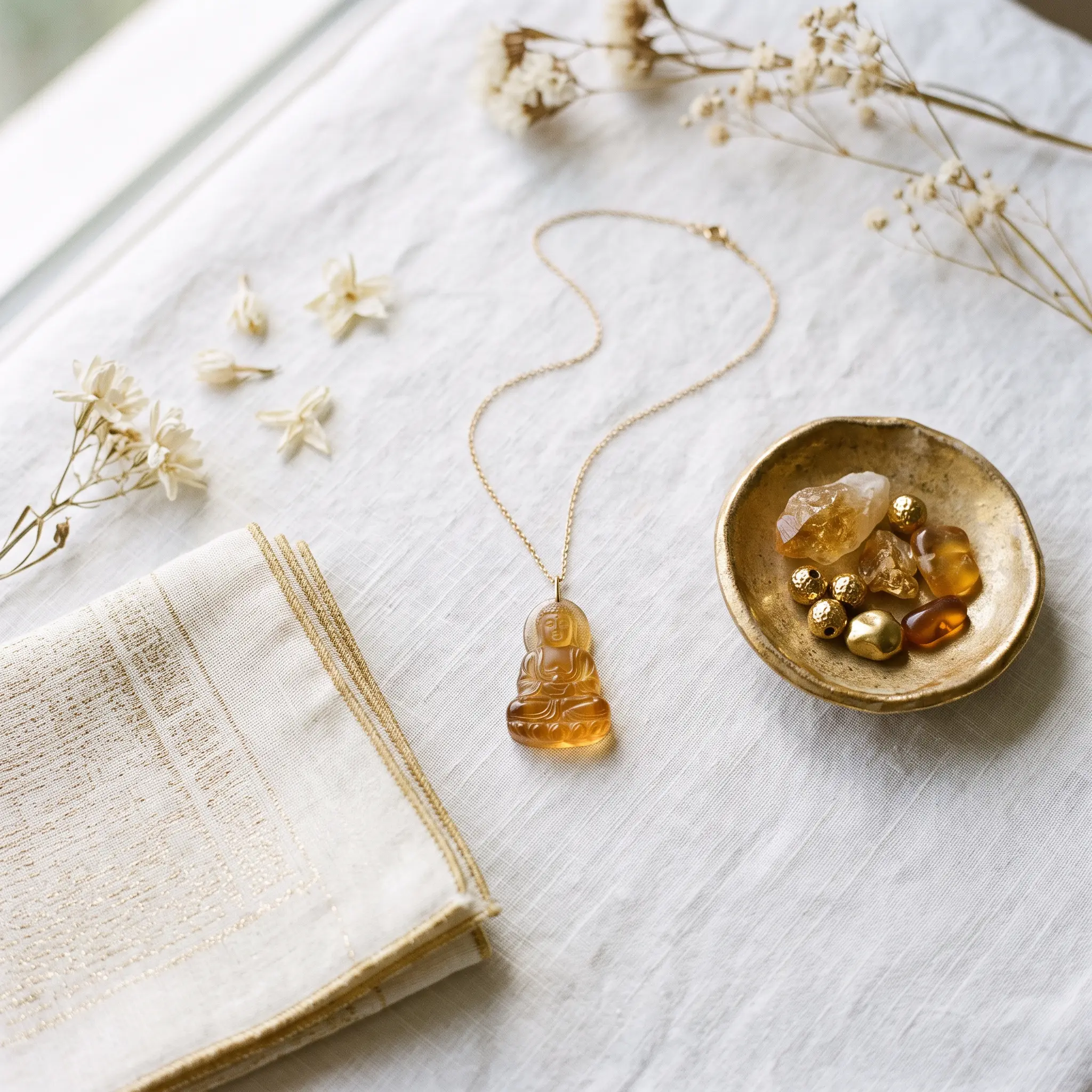Citrine Vairocana Guardian Buddha pendant on white fabric with gold accents, a lucky color pairing for Monkey signs