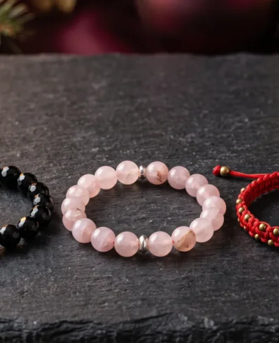 Gelang Pixiu dari obsidian hitam, kuarsa mawar, dan tali merah berdampingan untuk kekayaan, cinta, dan perlindungan.