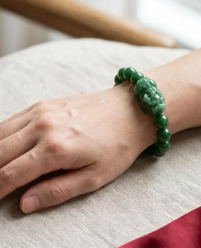 wear-pixiu-bracelet-left-wrist-head-outward.jpg Hands presenting a red gift box with a green jade Pixiu bracelet and handwritten card for Lunar New Year
