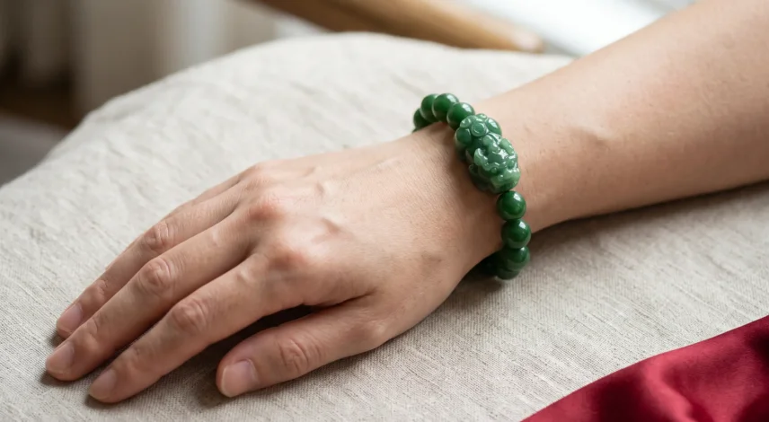wear-pixiu-bracelet-left-wrist-head-outward.jpg Hands presenting a red gift box with a green jade Pixiu bracelet and handwritten card for Lunar New Year