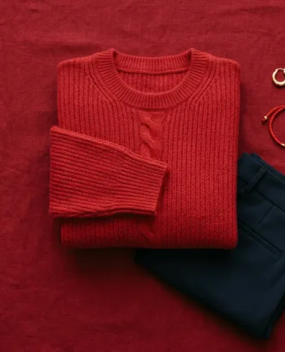 Red sweater, gold earrings, and red string bracelet laid out as a Chinese New Year 2027 outfit