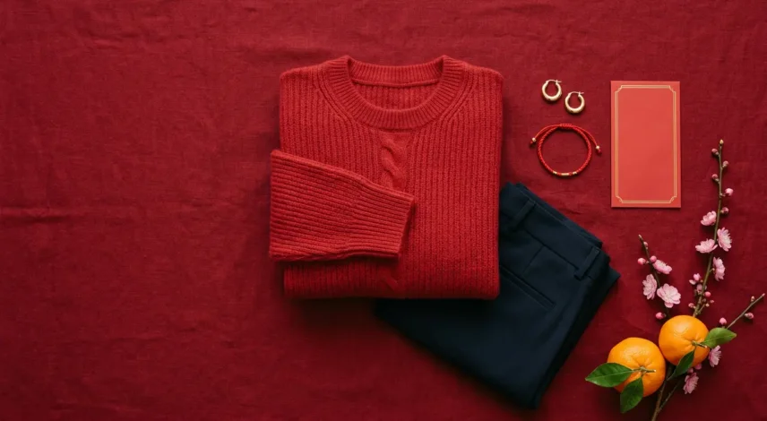 Red sweater, gold earrings, and red string bracelet laid out as a Chinese New Year 2027 outfit