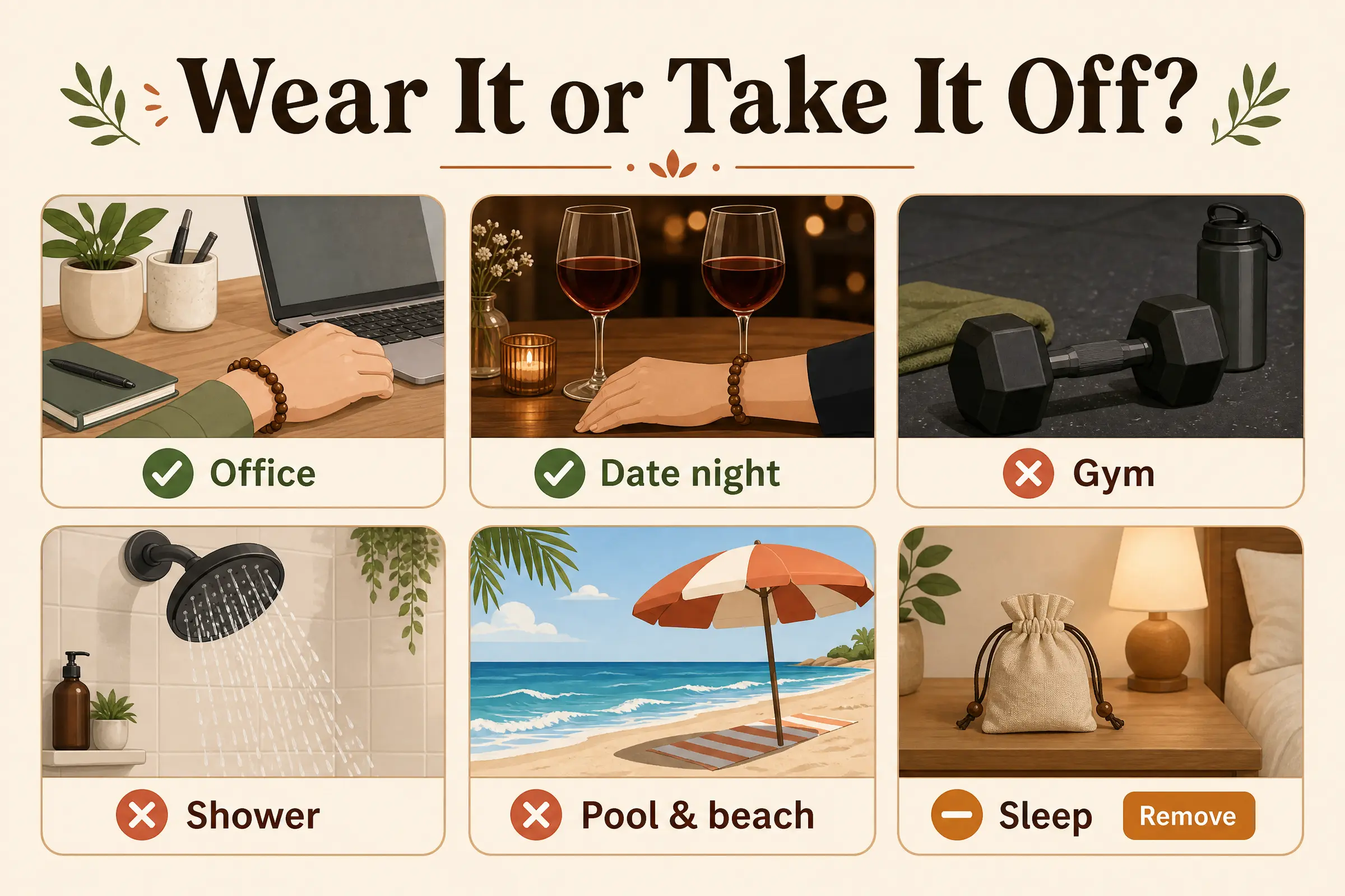 Illustrated guide showing when to wear a mala bracelet at the office or on a date and when to remove it for the gym, shower, pool and sleep