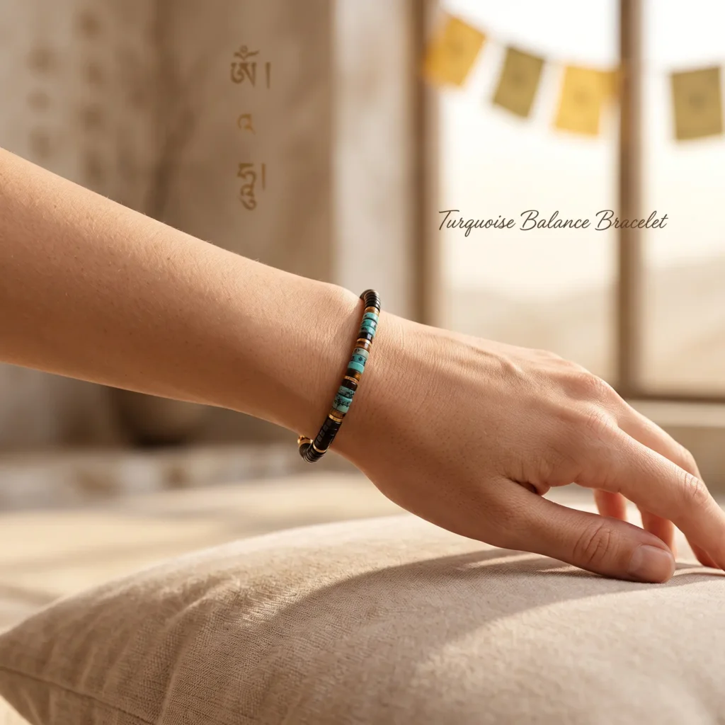 woman-wearing-turquoise-tiger-eye-onyx-hematite-bracelet Woman wearing a slim turquoise, tiger eye, onyx and hematite balance bracelet with Tibetan prayer flags in the background