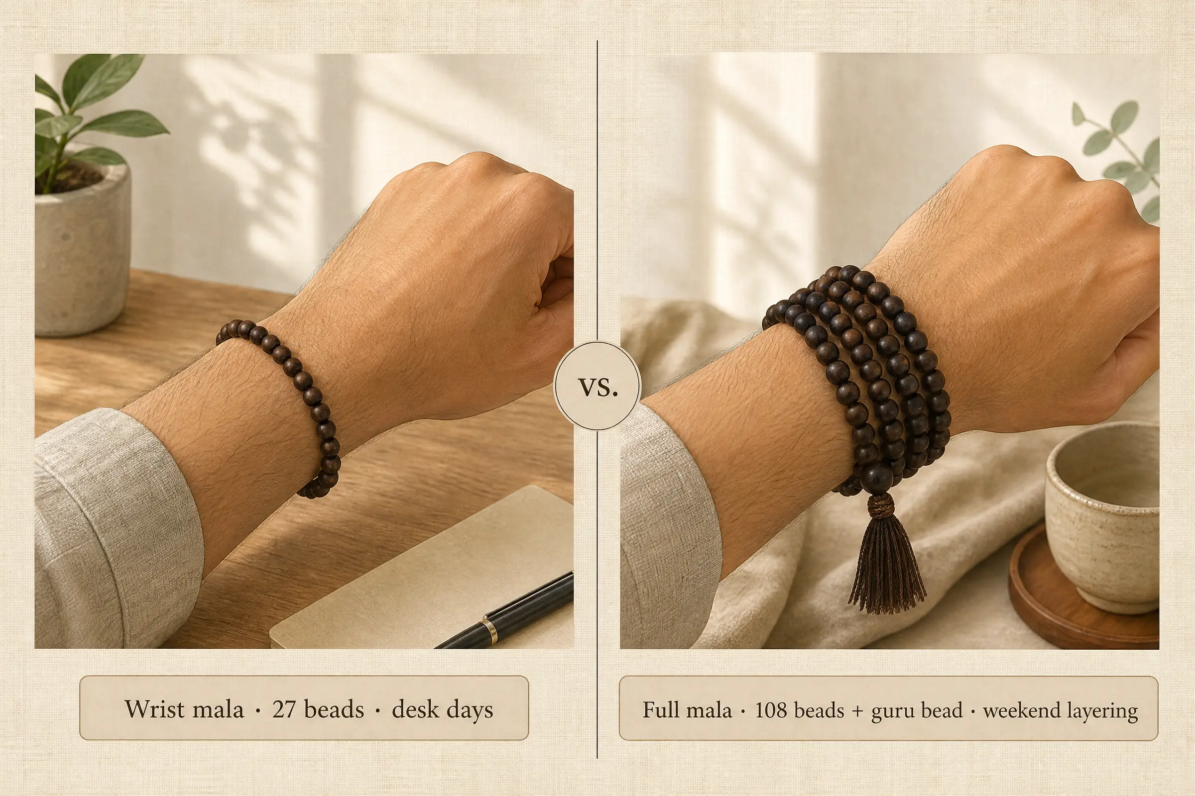 Side-by-side comparison of a 27-bead wrist mala and a full 108-bead wood mala wrapped four times around a wrist