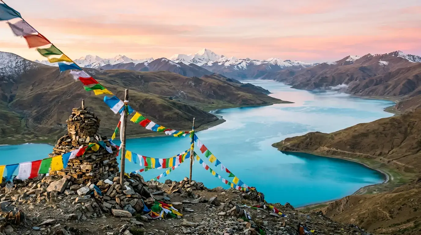 Illustrated turquoise lake like Yamdrok Yumtso beneath snow peaks, with prayer flags on a Tibetan mountain pass at dawn